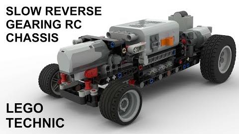Lego RC car chassis with slow reverse gearing mechanism